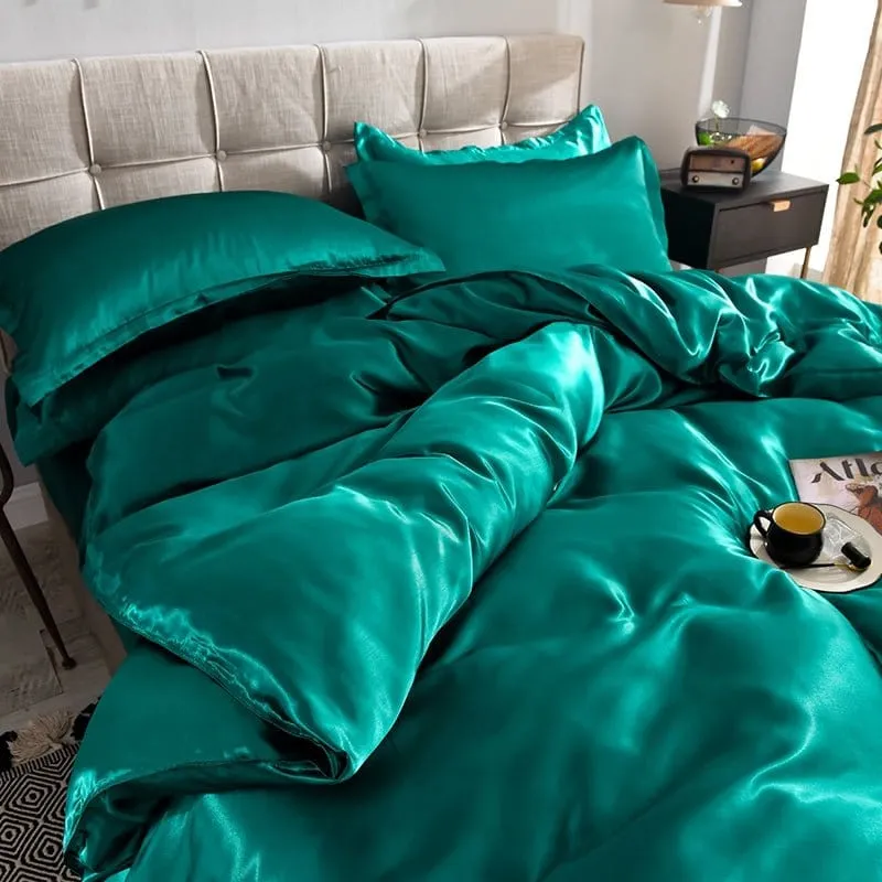 Vert type satin - Drap housse / Housse de couette / 2 taies d'oreiller