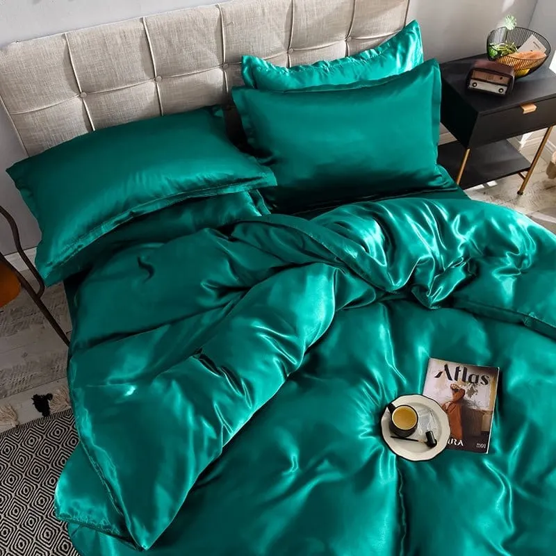 Vert type satin - Drap housse / Housse de couette / 2 taies d'oreiller