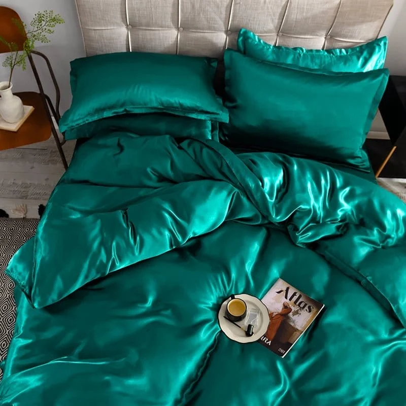 Vert type satin - Drap housse / Housse de couette / 2 taies d'oreiller