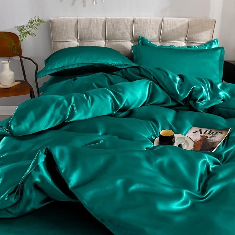 Vert type satin - Drap housse / Housse de couette / 2 taies d'oreiller