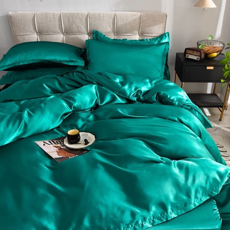 Vert type satin - Drap housse / Housse de couette / 2 taies d'oreiller