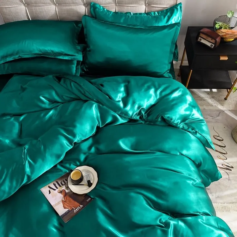 Vert type satin - Drap housse / Housse de couette / 2 taies d'oreiller
