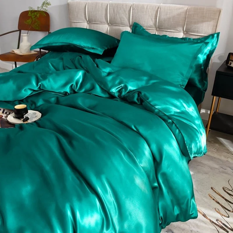 Vert type satin - Drap housse / Housse de couette / 2 taies d'oreiller