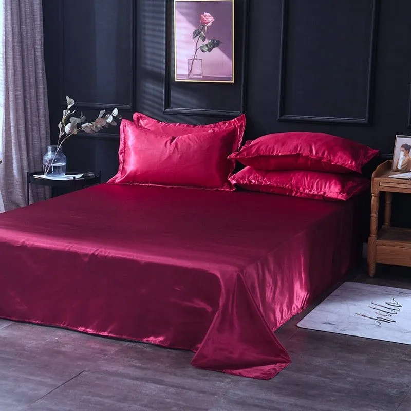 Rouge type satin - Drap housse / Housse de couette / 2 taies d'oreiller