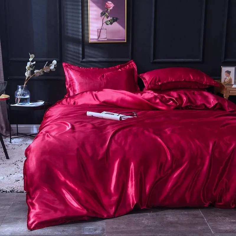 Rouge type satin - Drap housse / Housse de couette / 2 taies d'oreiller