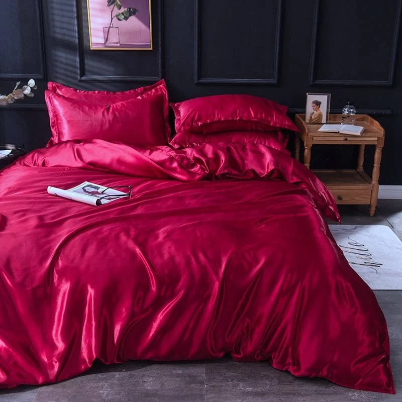 Rouge type satin - Drap housse / Housse de couette / 2 taies d'oreiller
