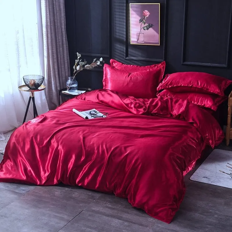 Rouge type satin - Drap housse / Housse de couette / 2 taies d'oreiller