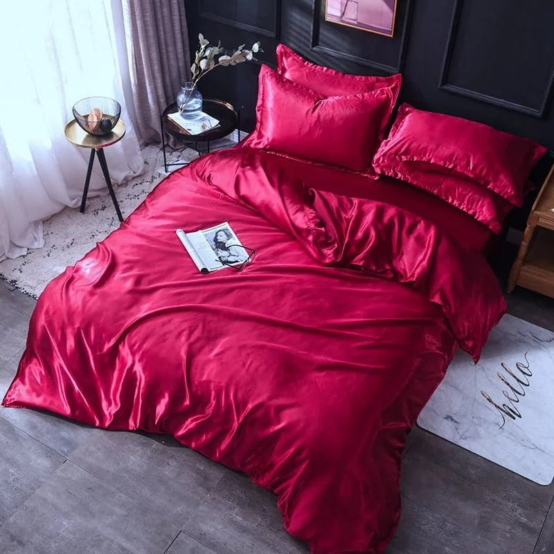 Rouge type satin - Drap housse / Housse de couette / 2 taies d'oreiller