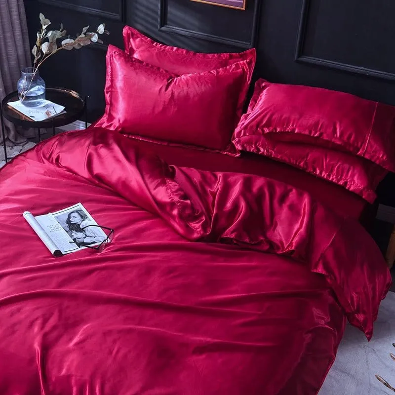 Rouge type satin - Drap housse / Housse de couette / 2 taies d'oreiller