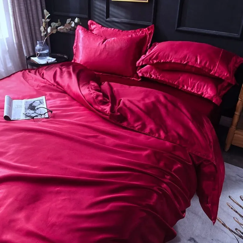 Rouge type satin - Drap housse / Housse de couette / 2 taies d'oreiller