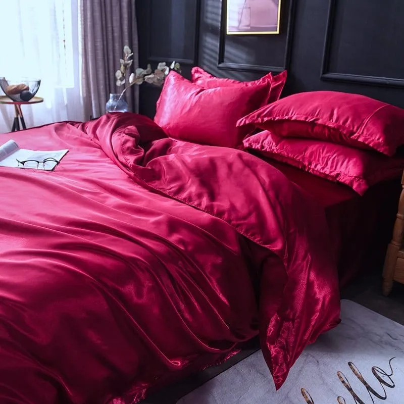 Rouge type satin - Drap housse / Housse de couette / 2 taies d'oreiller