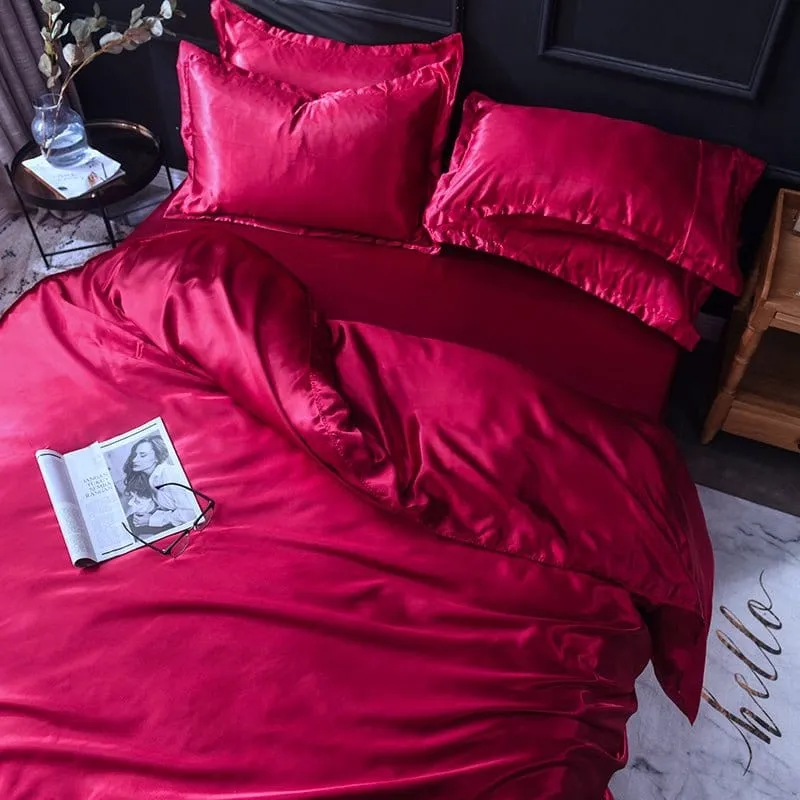 Rouge type satin - Drap housse / Housse de couette / 2 taies d'oreiller