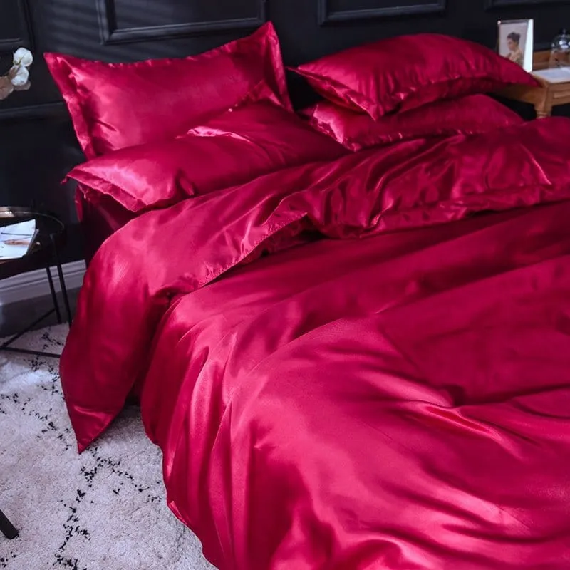 Rouge type satin - Drap housse / Housse de couette / 2 taies d'oreiller