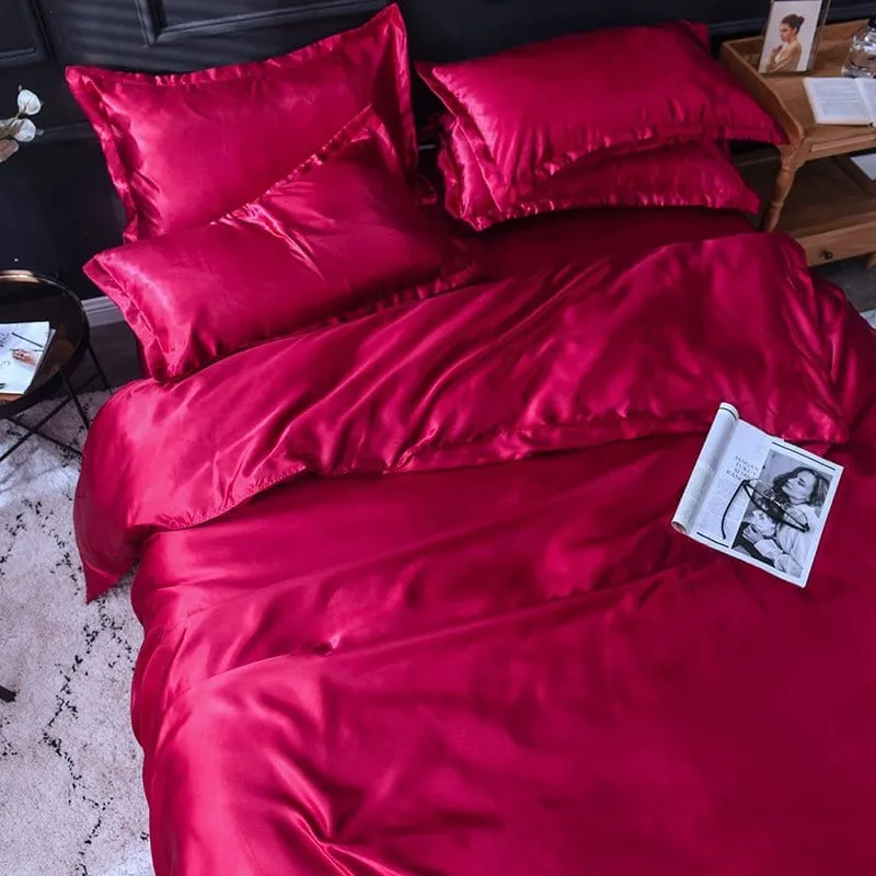 Rouge type satin - Drap housse / Housse de couette / 2 taies d'oreiller