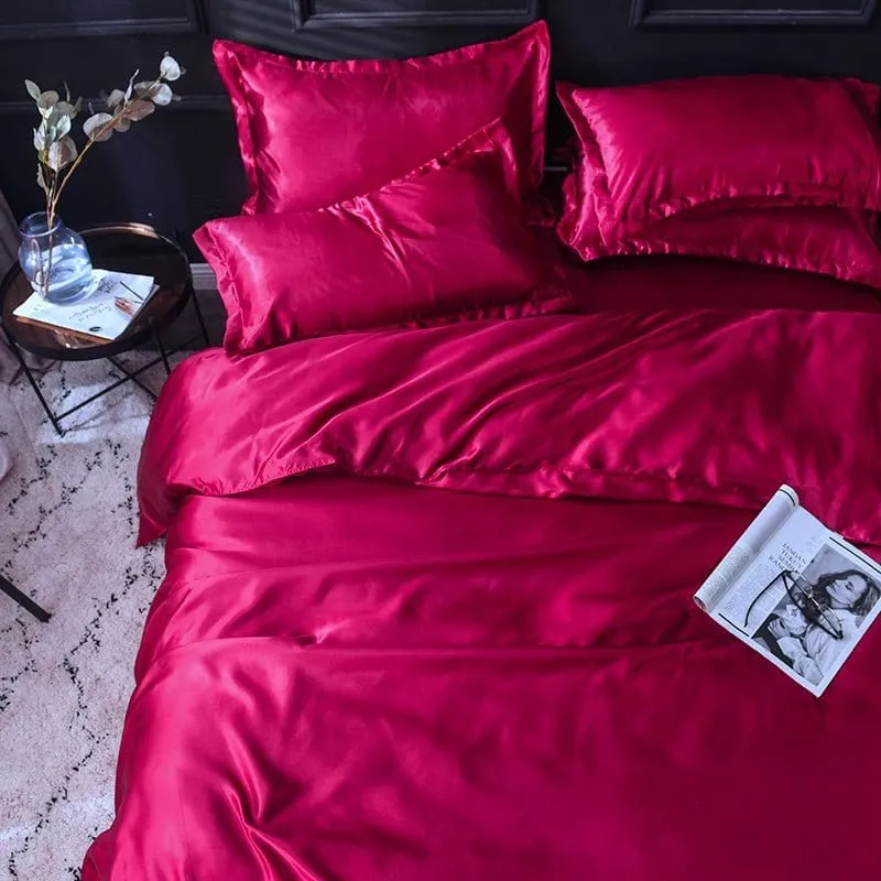 Rouge type satin - Drap housse / Housse de couette / 2 taies d'oreiller