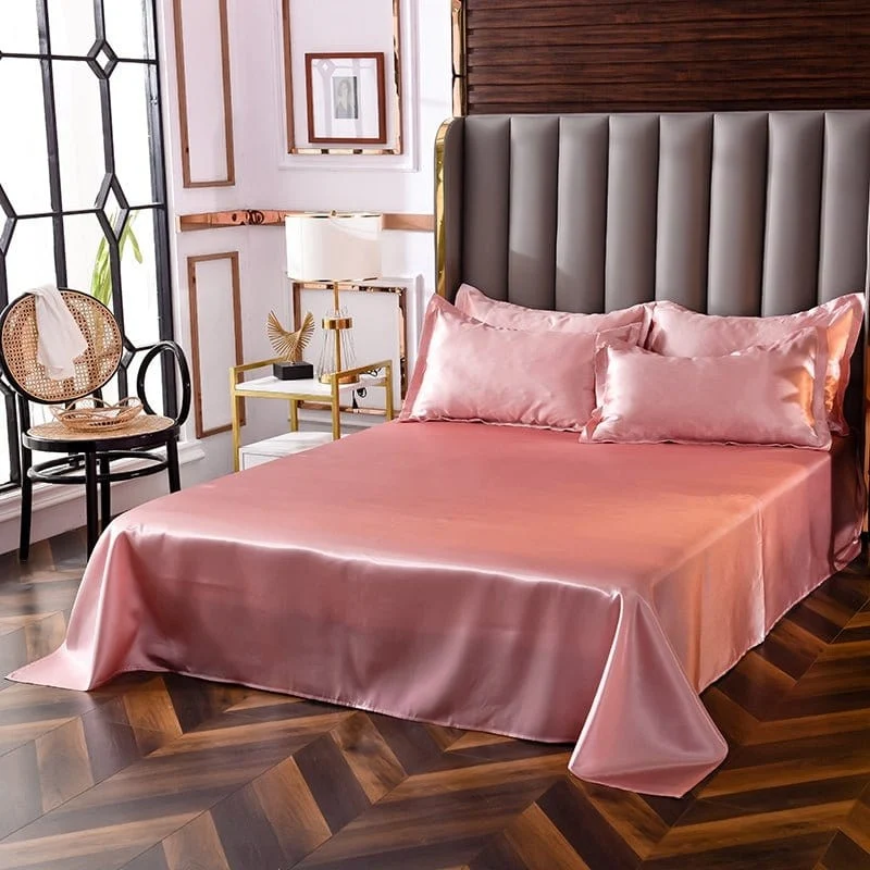 Rose pêche type satin - Drap housse / Housse de couette / 2 taies d'oreiller