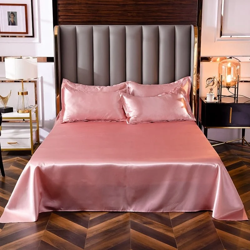 Rose pêche type satin - Drap housse / Housse de couette / 2 taies d'oreiller