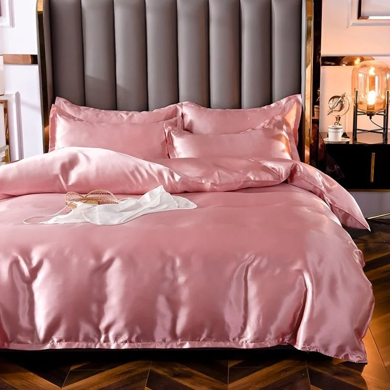 Rose pêche type satin - Drap housse / Housse de couette / 2 taies d'oreiller