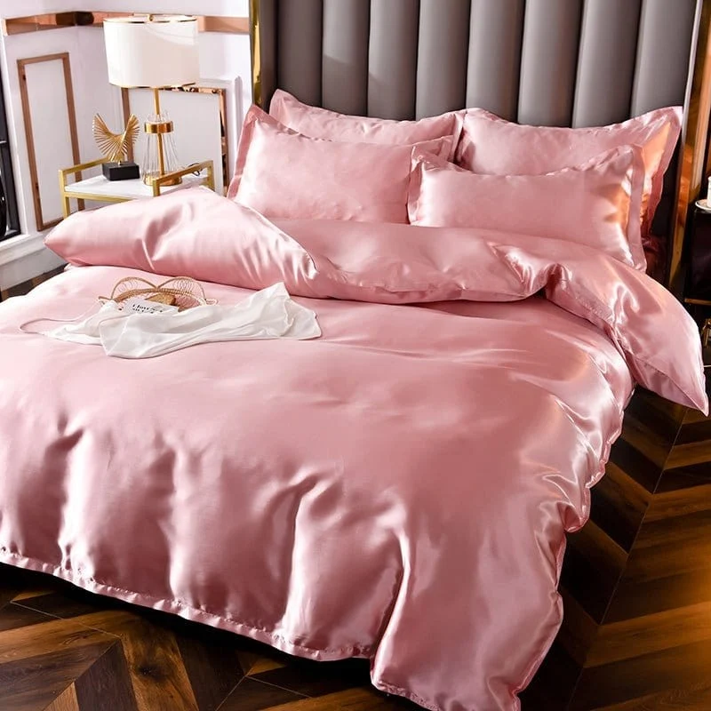 Rose pêche type satin - Drap housse / Housse de couette / 2 taies d'oreiller