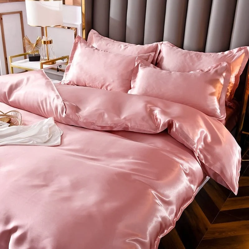 Rose pêche type satin - Drap housse / Housse de couette / 2 taies d'oreiller