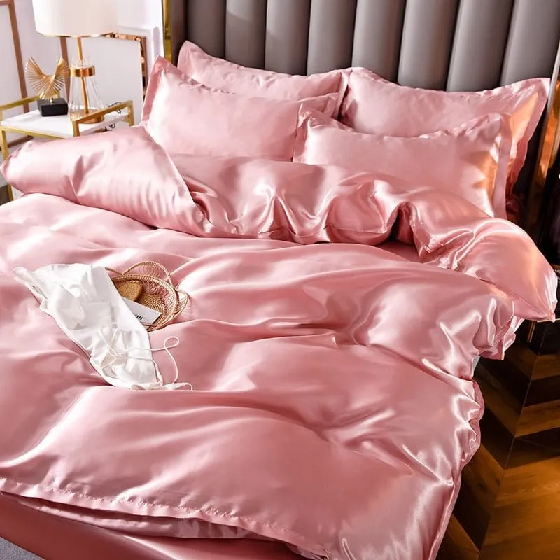 Rose pêche type satin - Drap housse / Housse de couette / 2 taies d'oreiller