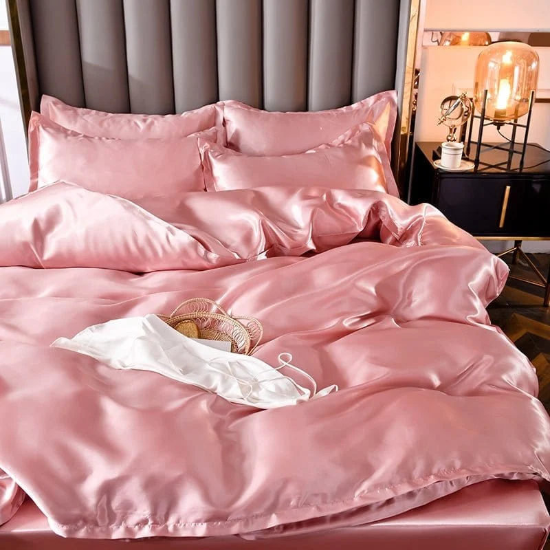 Rose pêche type satin - Drap housse / Housse de couette / 2 taies d'oreiller