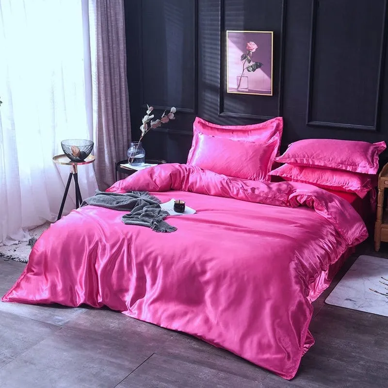 Rose fushia type satin - Drap housse / Housse de couette / 2 taies d'oreiller