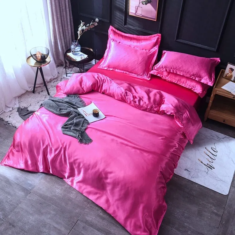 Rose fushia type satin - Drap housse / Housse de couette / 2 taies d'oreiller