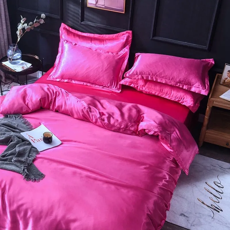 Rose fushia type satin - Drap housse / Housse de couette / 2 taies d'oreiller