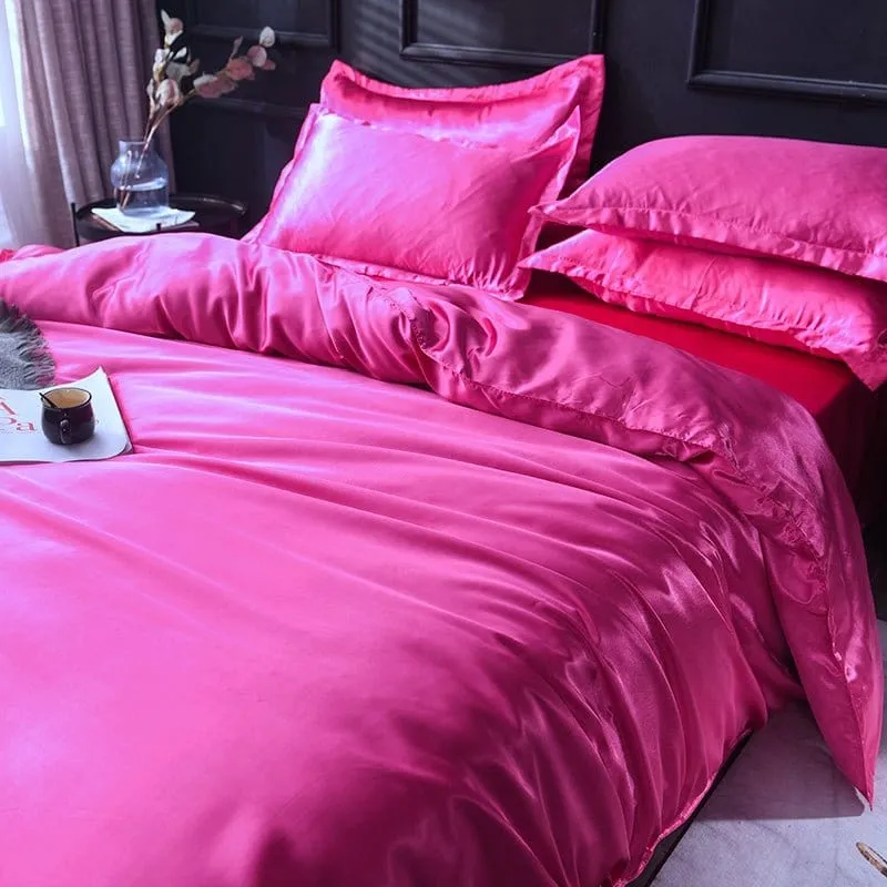 Rose fushia type satin - Drap housse / Housse de couette / 2 taies d'oreiller