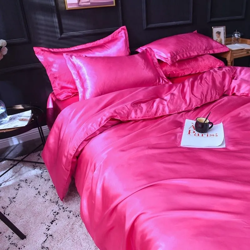 Rose fushia type satin - Drap housse / Housse de couette / 2 taies d'oreiller