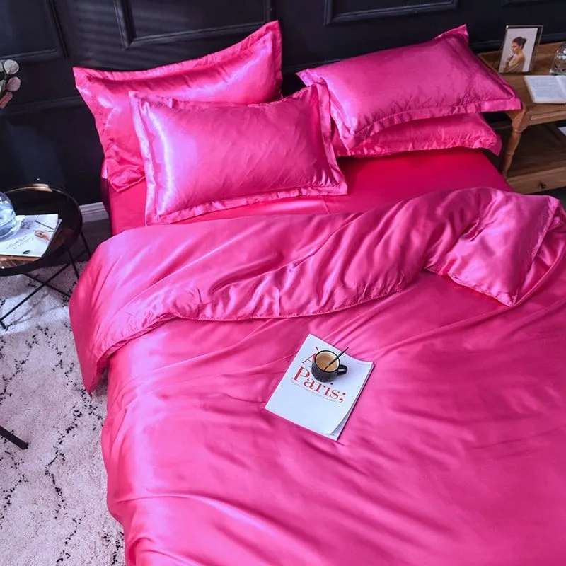 Rose fushia type satin - Drap housse / Housse de couette / 2 taies d'oreiller