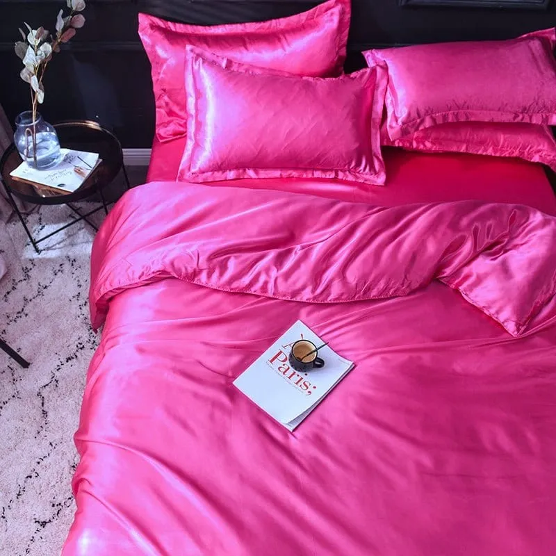 Rose fushia type satin - Drap housse / Housse de couette / 2 taies d'oreiller