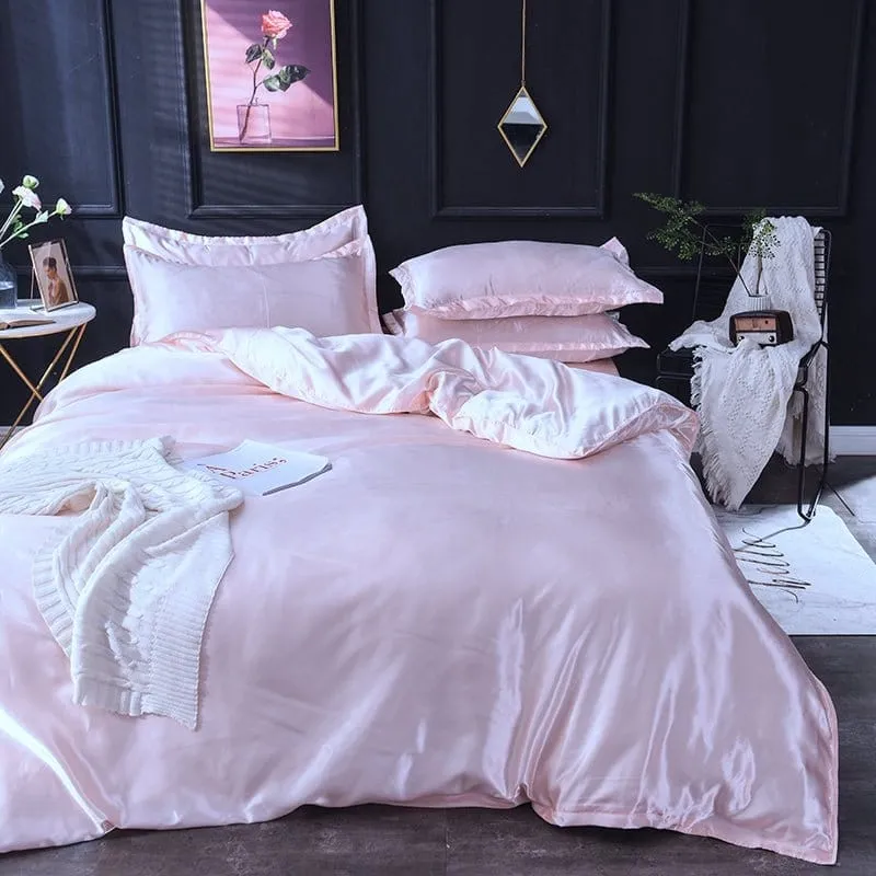 Rose clair type satin - Drap housse / Housse de couette / 2 taies d'oreiller