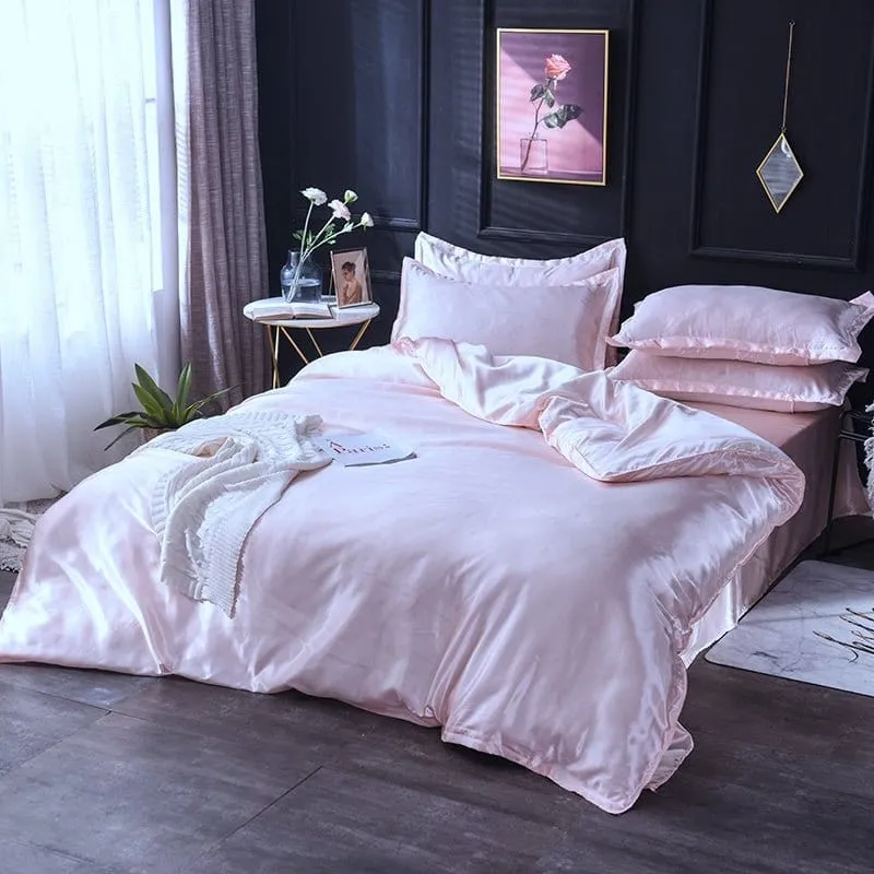 Rose clair type satin - Drap housse / Housse de couette / 2 taies d'oreiller