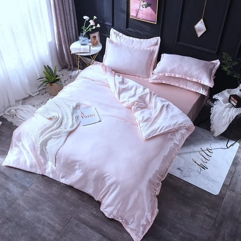 Rose clair type satin - Drap housse / Housse de couette / 2 taies d'oreiller