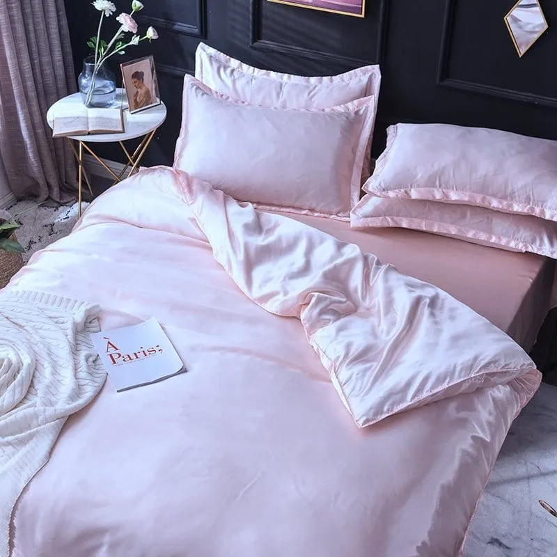 Rose clair type satin - Drap housse / Housse de couette / 2 taies d'oreiller