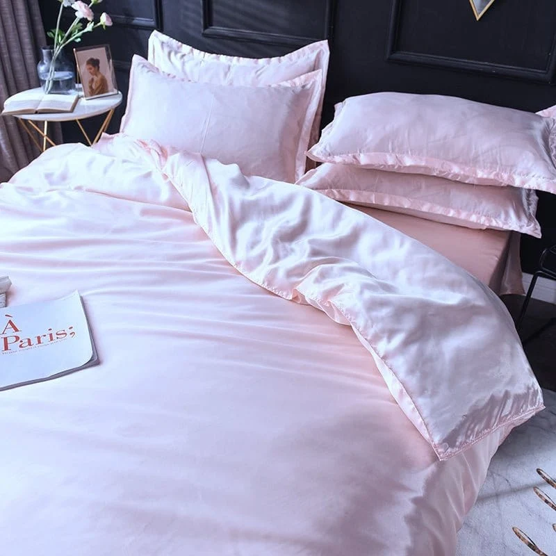 Rose clair type satin - Drap housse / Housse de couette / 2 taies d'oreiller
