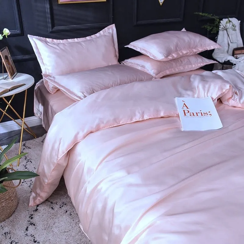 Rose clair type satin - Drap housse / Housse de couette / 2 taies d'oreiller