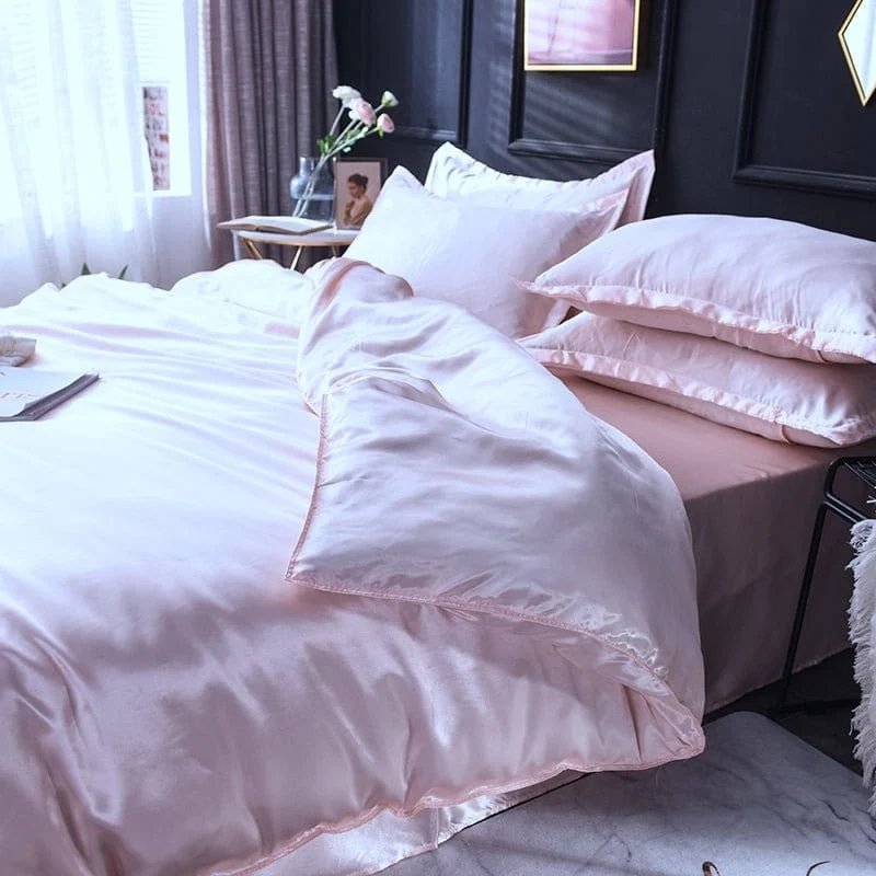 Rose clair type satin - Drap housse / Housse de couette / 2 taies d'oreiller