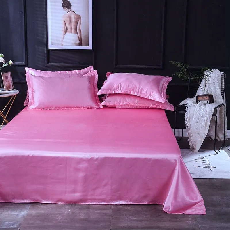 Rose bonbon type satin - Drap housse / Housse de couette / 2 taies d'oreiller