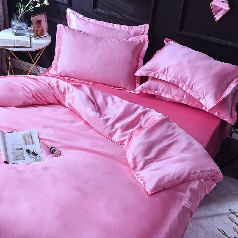 Rose bonbon type satin - Drap housse / Housse de couette / 2 taies d'oreiller