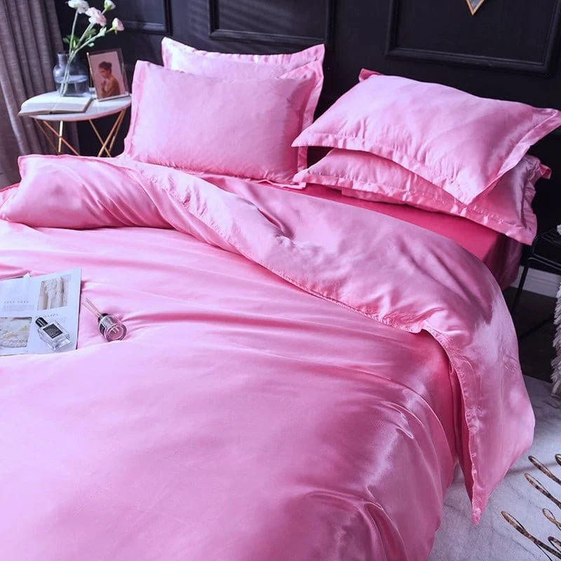 Rose bonbon type satin - Drap housse / Housse de couette / 2 taies d'oreiller