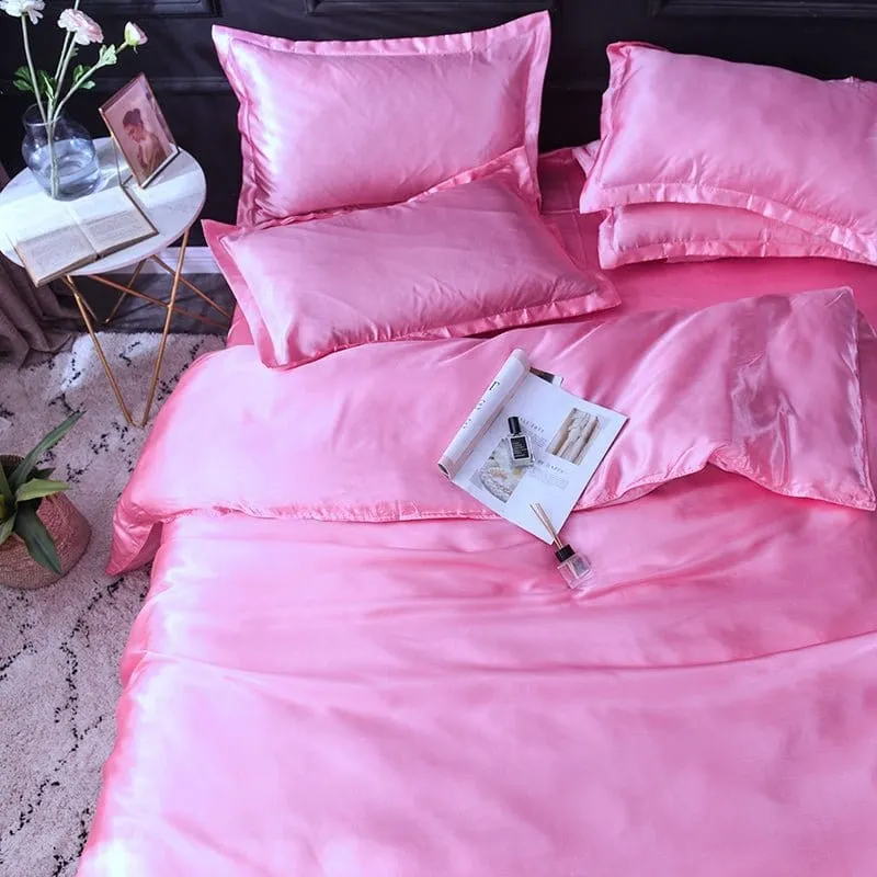 Rose bonbon type satin - Drap housse / Housse de couette / 2 taies d'oreiller