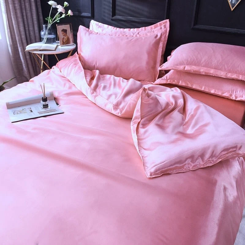 Rose type satin - Drap housse / Housse de couette / 2 taies d'oreiller