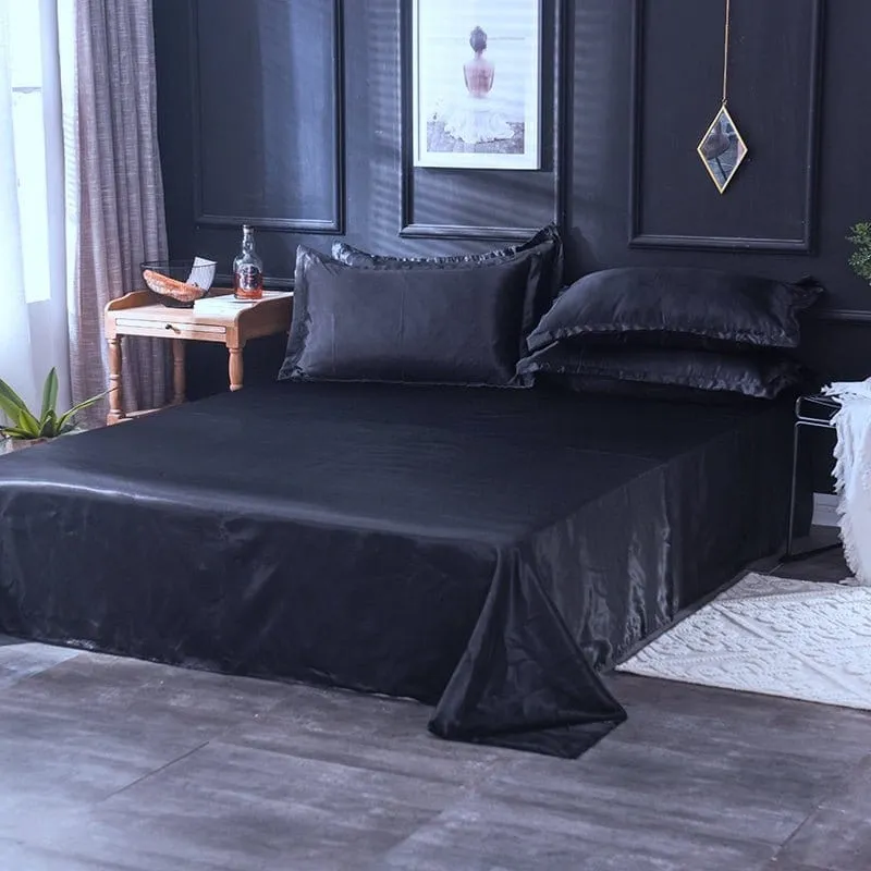 Noir type satin - Drap housse / Housse de couette / 2 taies d'oreiller