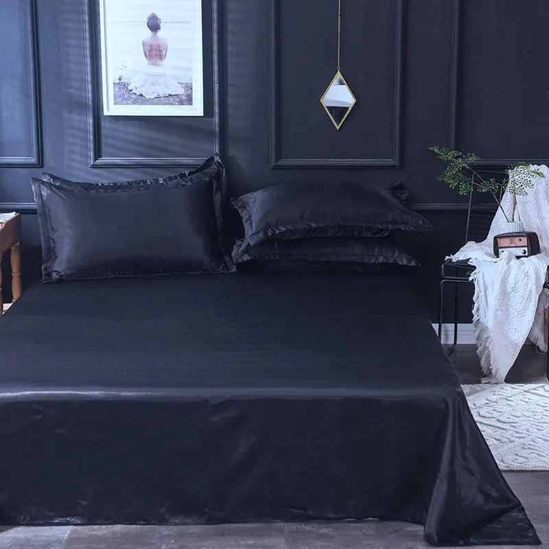 Noir type satin - Drap housse / Housse de couette / 2 taies d'oreiller