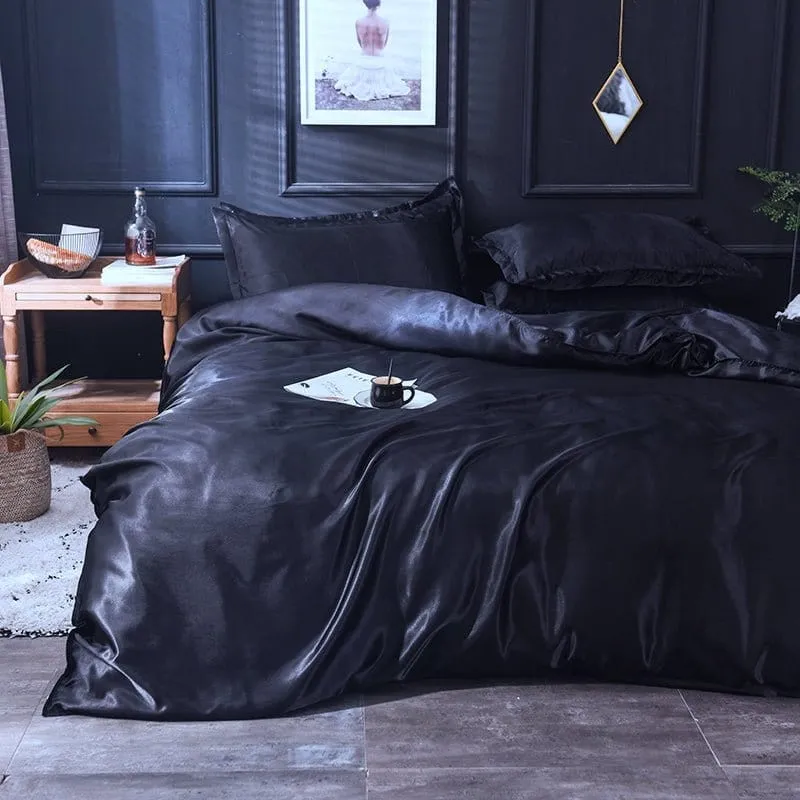 Noir type satin - Drap housse / Housse de couette / 2 taies d'oreiller