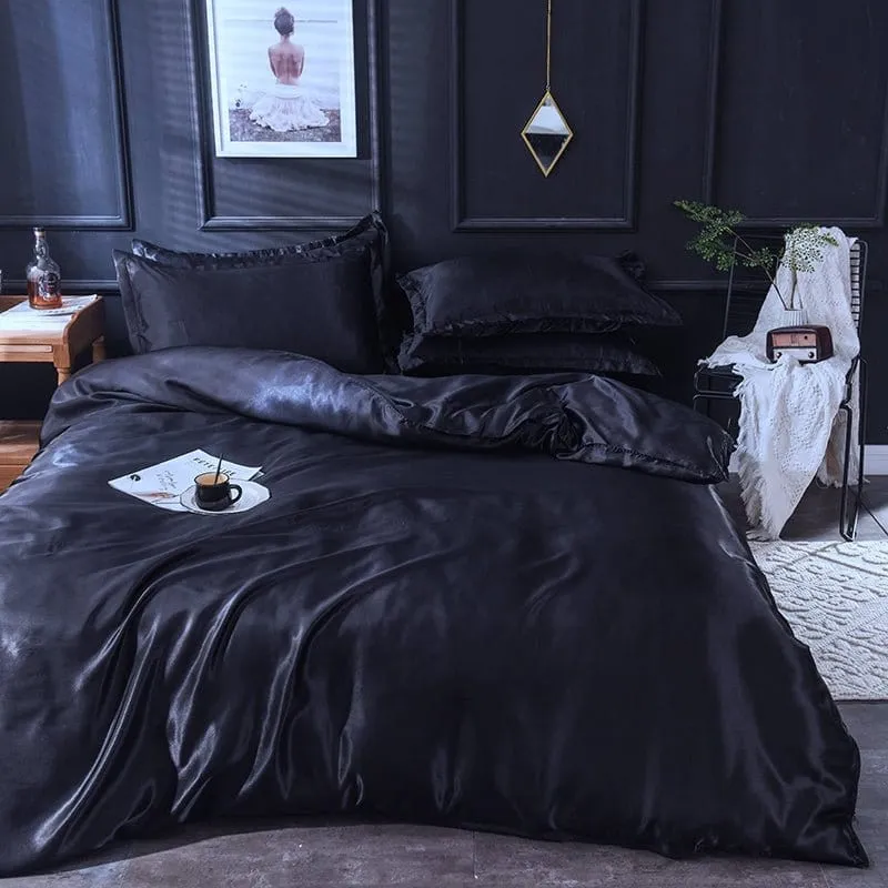 Noir type satin - Drap housse / Housse de couette / 2 taies d'oreiller