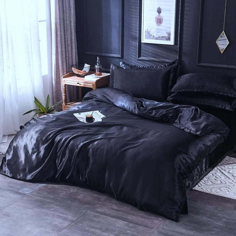 Noir type satin - Drap housse / Housse de couette / 2 taies d'oreiller